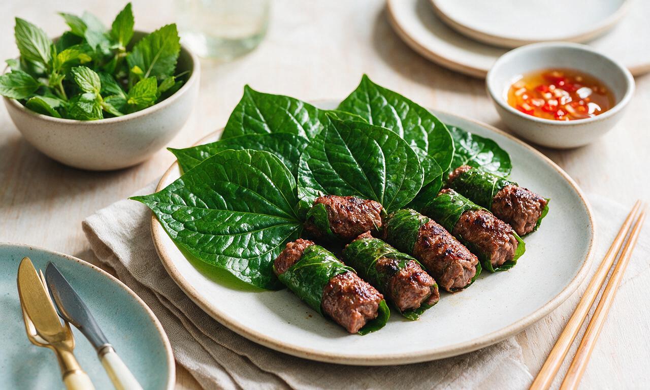 Vietnamese Bo La Lot (Grilled Beef Wrapped in Betel Leaves)