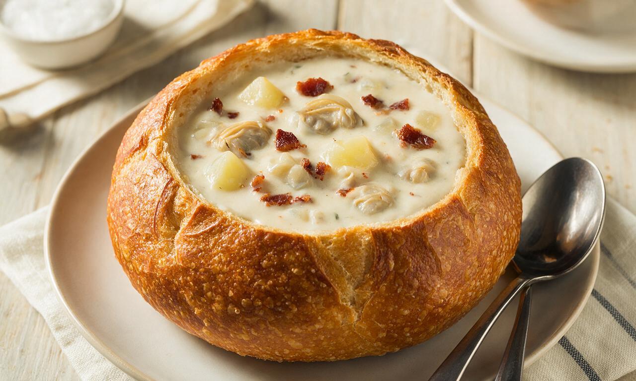 Clam Chowder in Sourdough Bowl
